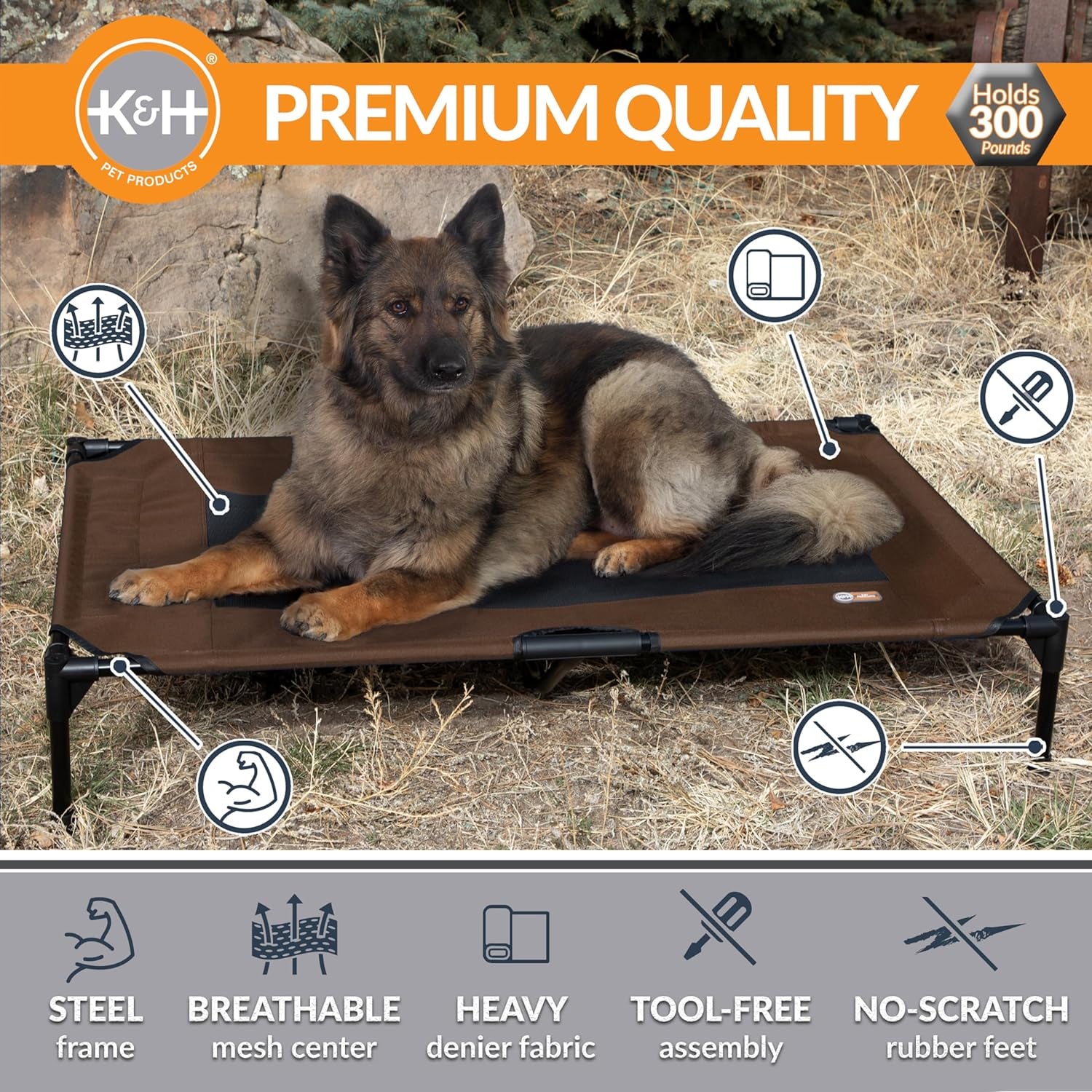 Outdoor Elevated Dog Cot, Breathable Cooling Elevated Cot Hammock Pet Bed for XL Dogs, Washable Mesh Cover, Raised Metal Frame, Collapsible, Portable - Extra-Large 50 X 32 Chocolate