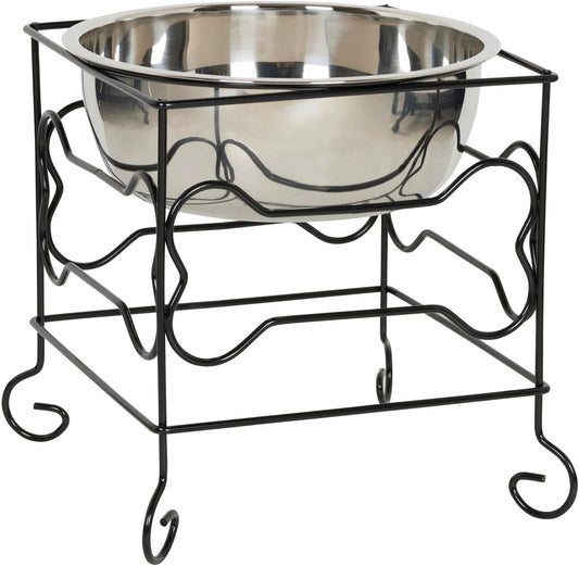 Elevated Stainless Steel Dog & Cat Bowl with Black Wrought Iron Stand, 10-Inch (10.75 Cups)