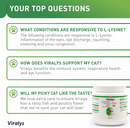 Viralys L-Lysine Supplement for Cats - Cats & Kittens of All Ages - Immune Health - Sneezing, Runny Nose, Squinting, Watery Eyes - Flavored Lysine Powder