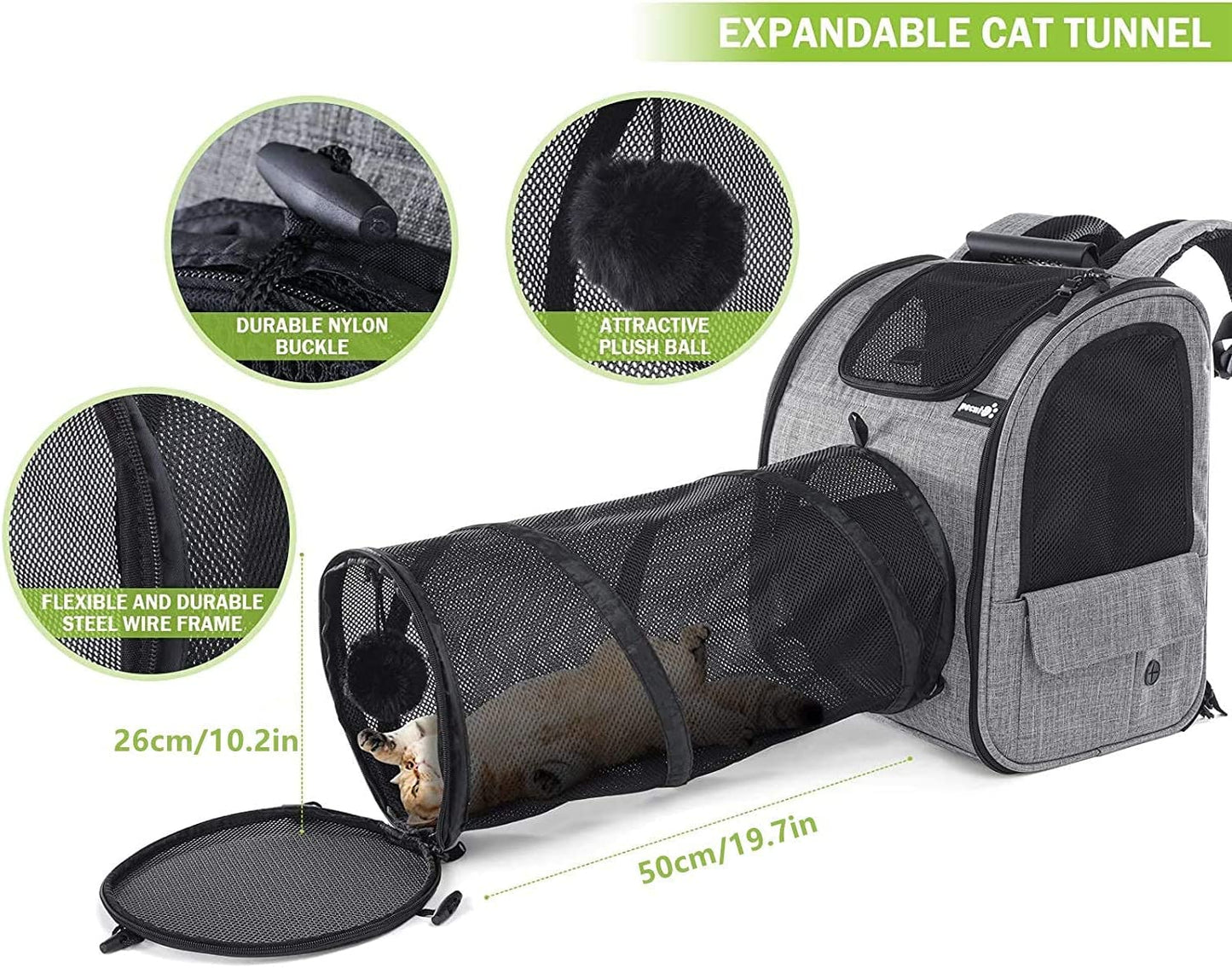 Pet Carrier Backpack with Tunnel, Dog Carrier Backpack Expandable Tunnel and Breathable Mesh for Cats Puppies, Pet Backpack Bag for Hiking Travel Camping Outdoor Hold Pets up to 18 Lbs