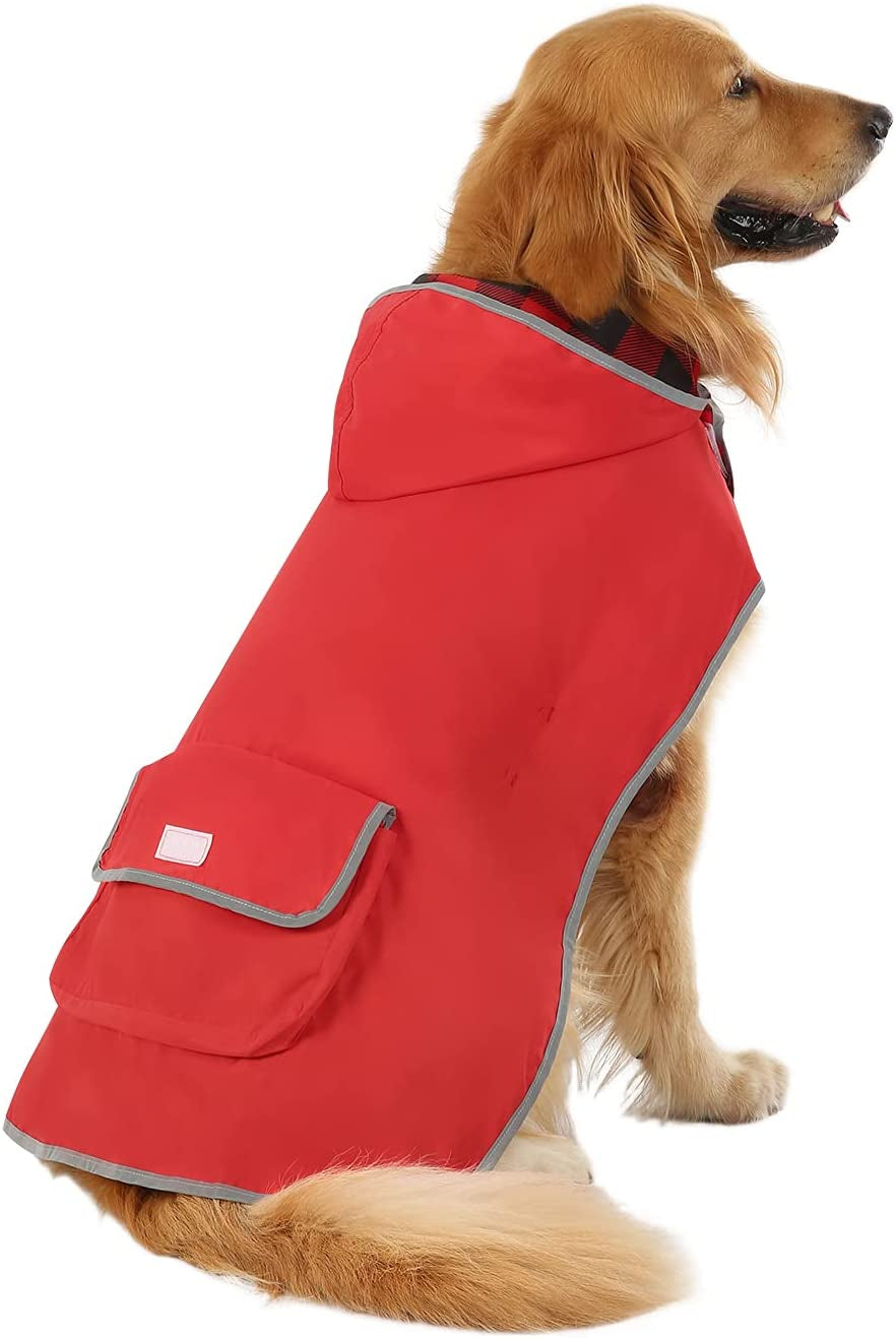 Reversible Dog Raincoat Hooded Slicker Poncho Rain Coat Jacket for Small Medium Large Dogs Buffalo Plaid Red - L