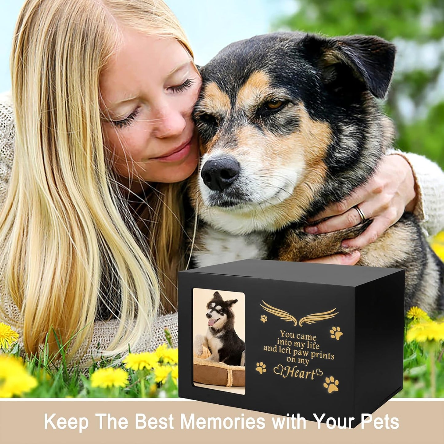 Pet Urns for Dogs or Cats - Dog Keepsake Box, Cremation Urn with Photo Frame, Large Wooden Urn (170 Cubic Inches)