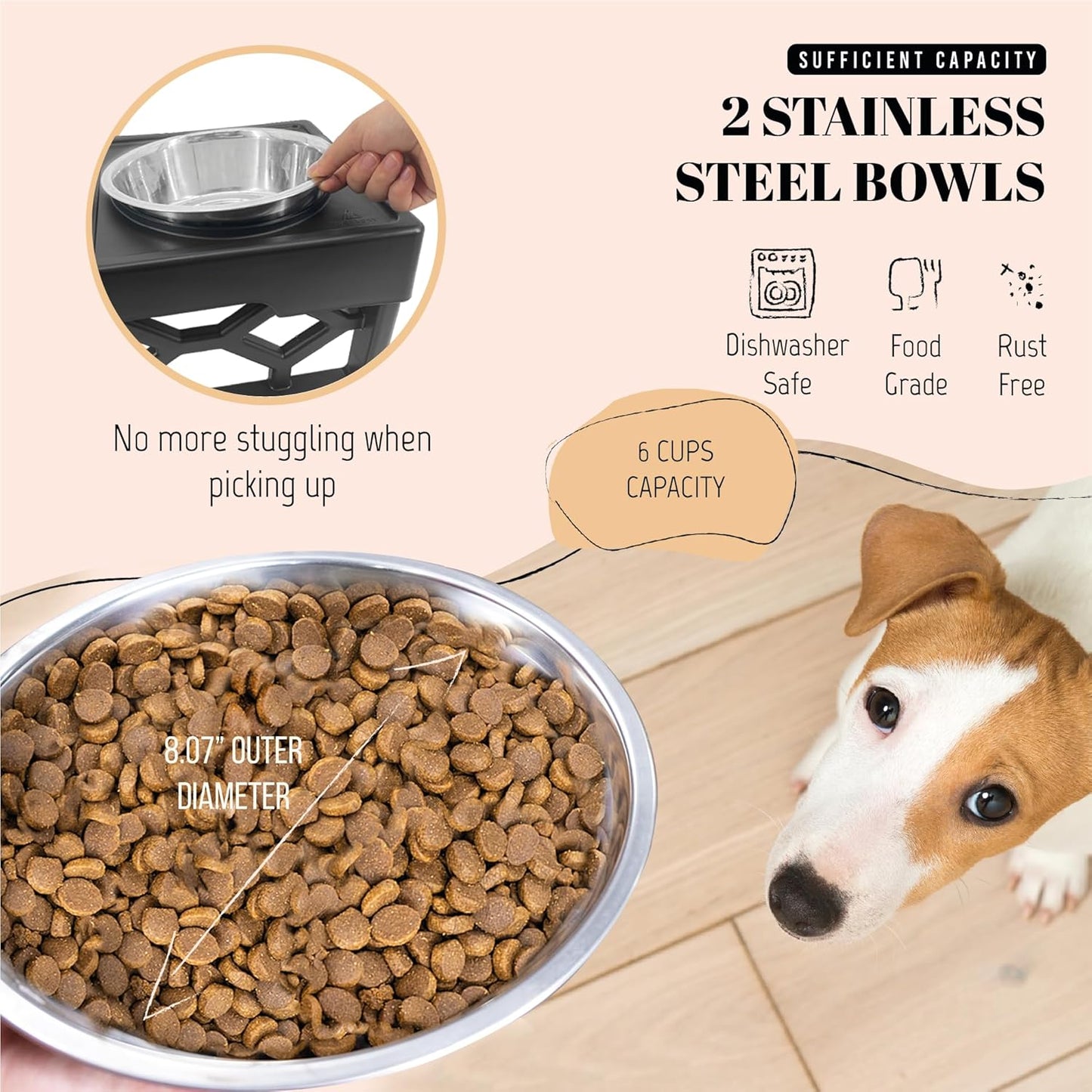 Large Dog Bowls Elevated, 4 Height Adjustable Raised Dog Bowl Stand with 2 Stainless Steel Food and Water Bowls Set, Tall Dogs Feeding Station with Anti-Slip Base for Medium Large Breeds Dogs