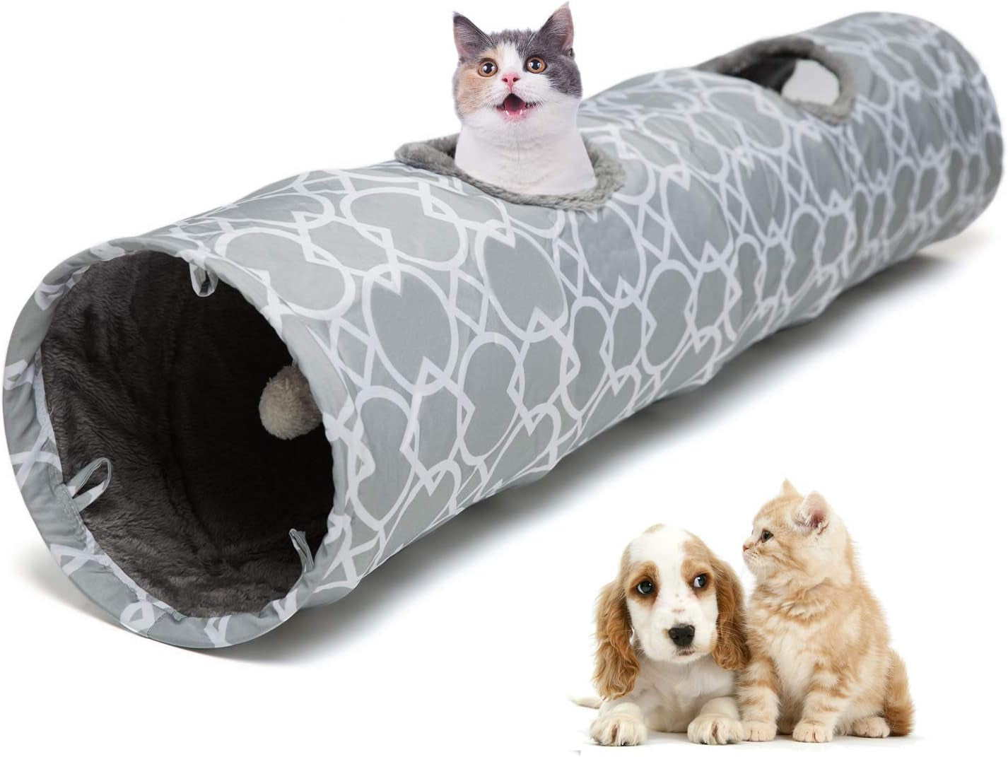 Geometric Straight Cat Tunnel with Plush Inside,Cats Toys Collapsible Tunnel Tube with Balls, for Rabbits, Kittens, Ferrets,Puppy, Diameter 9.8 Inch