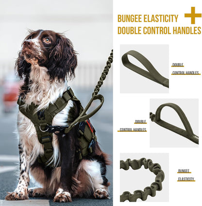 Tactical Dog Training Bungee Leash with 2 Control Handle Quick Release Nylon Leads Rope(Ranger Green)