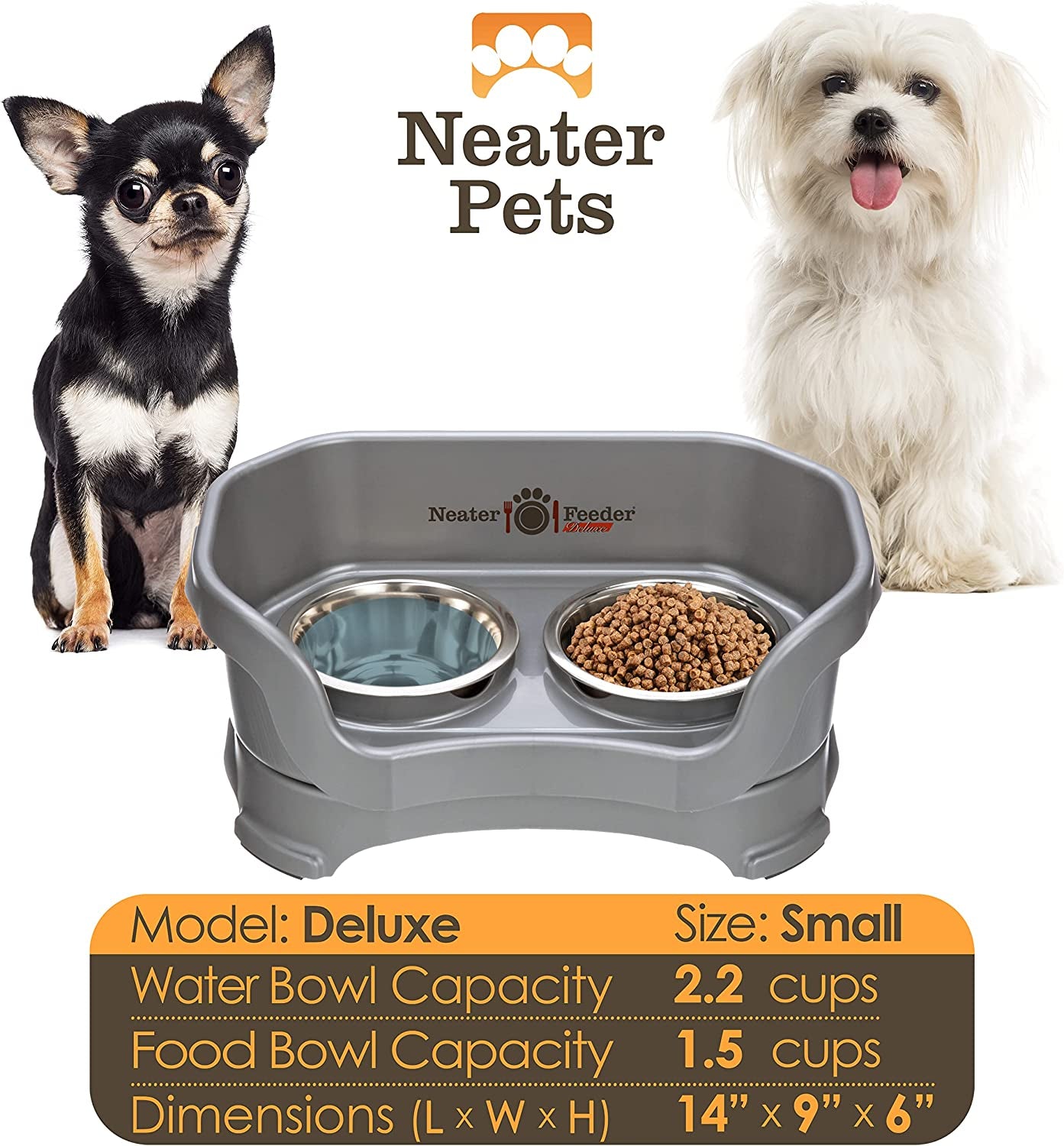 Neater Feeder Deluxe Mess Proof Dog Bowls Elevated for Small Breed – Made in USA – No Spill Raised Dog Food Bowl Stand – Stainless Steel Food and Water Bowl Set, Pet Feeding Station, Grey