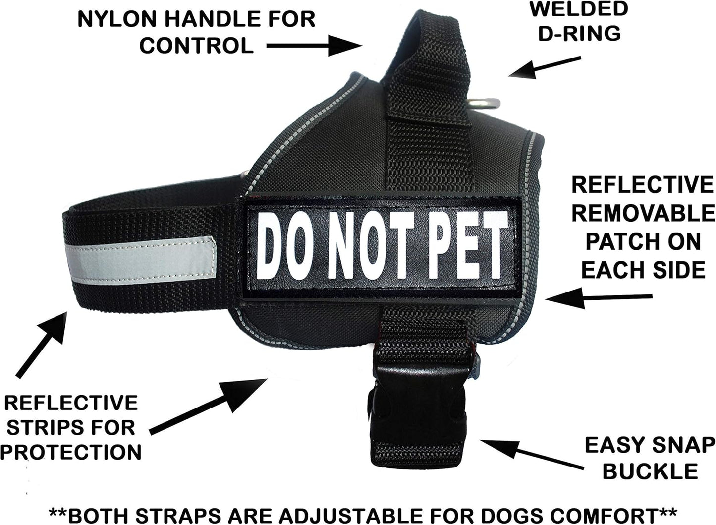 DO NOT PET Dog Vest Harness with Removable Patches and Reflective Trim. Comes with 2 DO NOT PET Reflective Removable Patches. Please Measure Dogs Girth before Purchase