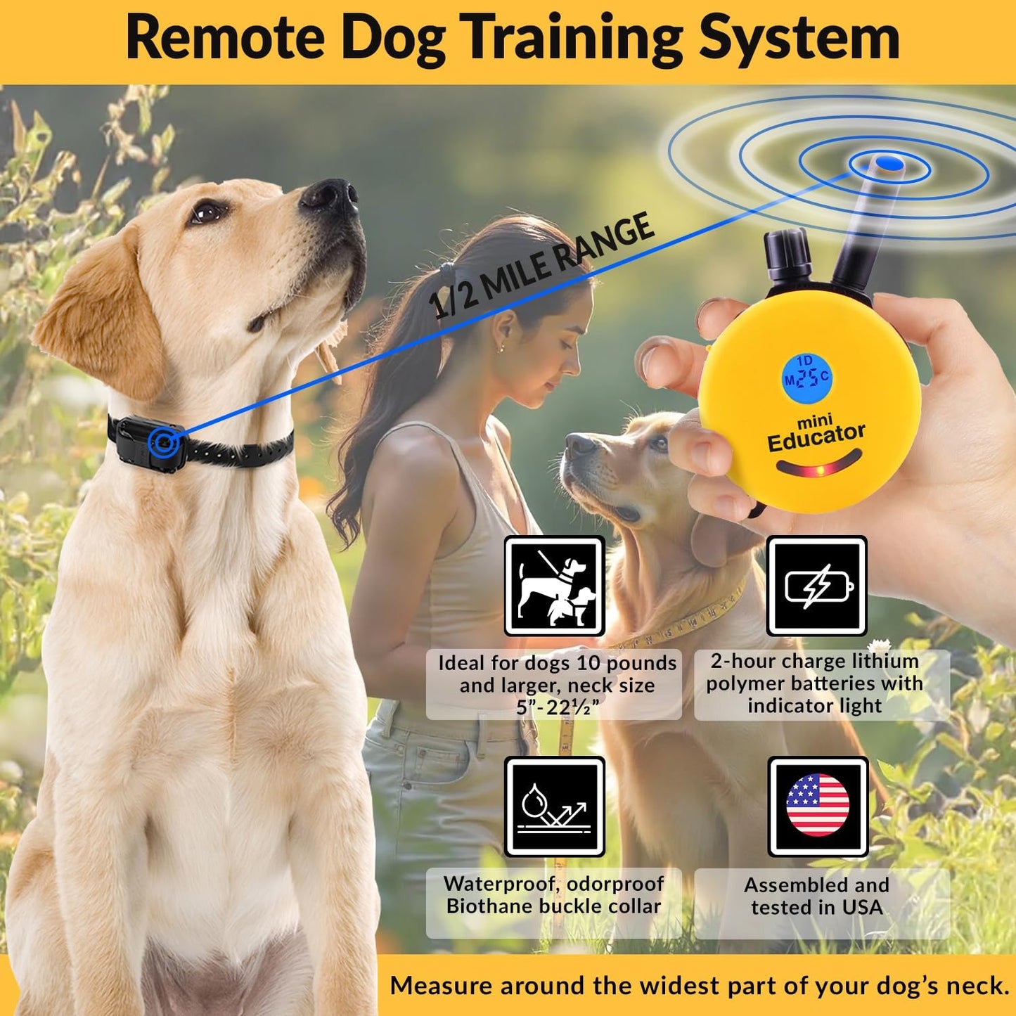 E-Collar Humane Dog Training Collar with Remote, 100 Safe Tapping Stimulation Levels, Night Light, Waterproof, Rechargeable, 1/2 Mile 1 Small-Medium Dog, Yellow