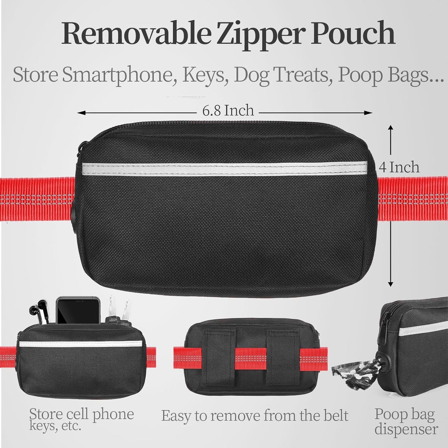 Hands Free Dog Leash with Zipper Pouch, Dual Padded Handles and Durable Bungee for Walking, Jogging and Running Your Dog (Large, 25-120 Lbs, Red)