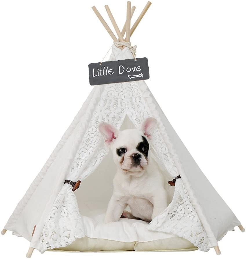 Pet Teepee Dog(Puppy) & Cat Bed - Portable Pet Tents & Houses for Dog(Puppy) & Cat Lace Style 24 Inch No Cushion