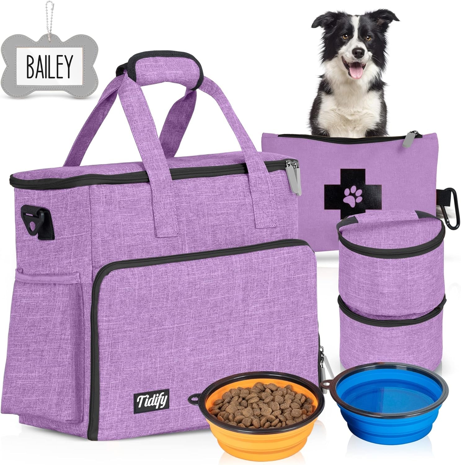 Dog Travel Bag Airline Approved Travel Set for Dog and Cat Tote Organizer with Multi Function Pockets, 2 Food Containers and Collapsible Bowls, Weekend Away Dog Bag for Travel Accessories - Purple