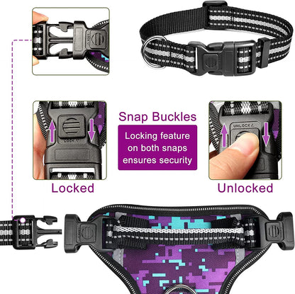 Dog Harness No Pull, Pet Harnesses with Dog Collar, Adjustable Reflective Oxford Outdoor Vest, Front/Back Leash Clips for Small, Medium, Large, Extra Large Dogs, Easy Control Handle for Walking