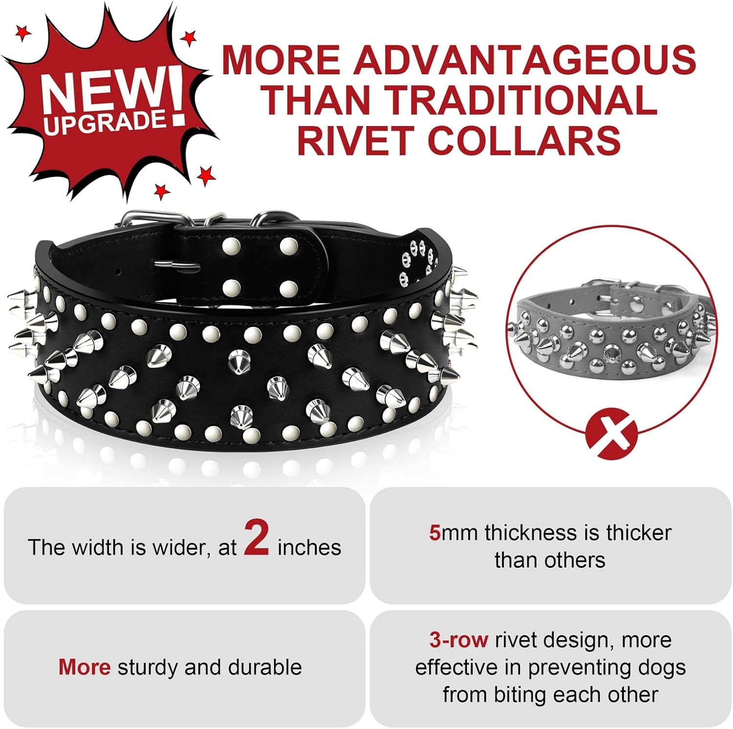 Dog Collar Leather Studded Collar with Spikes for Large Medium Dogs,2" Width(Black,S)