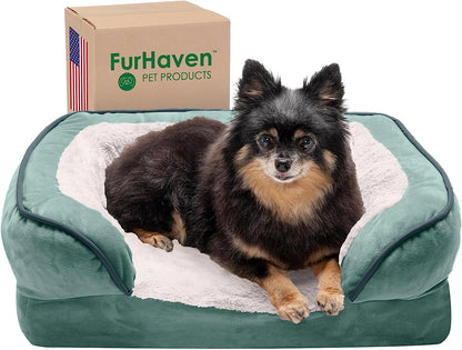 Memory Foam Dog Bed for Small Dogs W/ Removable Bolsters & Washable Cover, for Dogs up to 20 Lbs - Plush & Velvet Waves Perfect Comfort Sofa - Celadon Green, Small