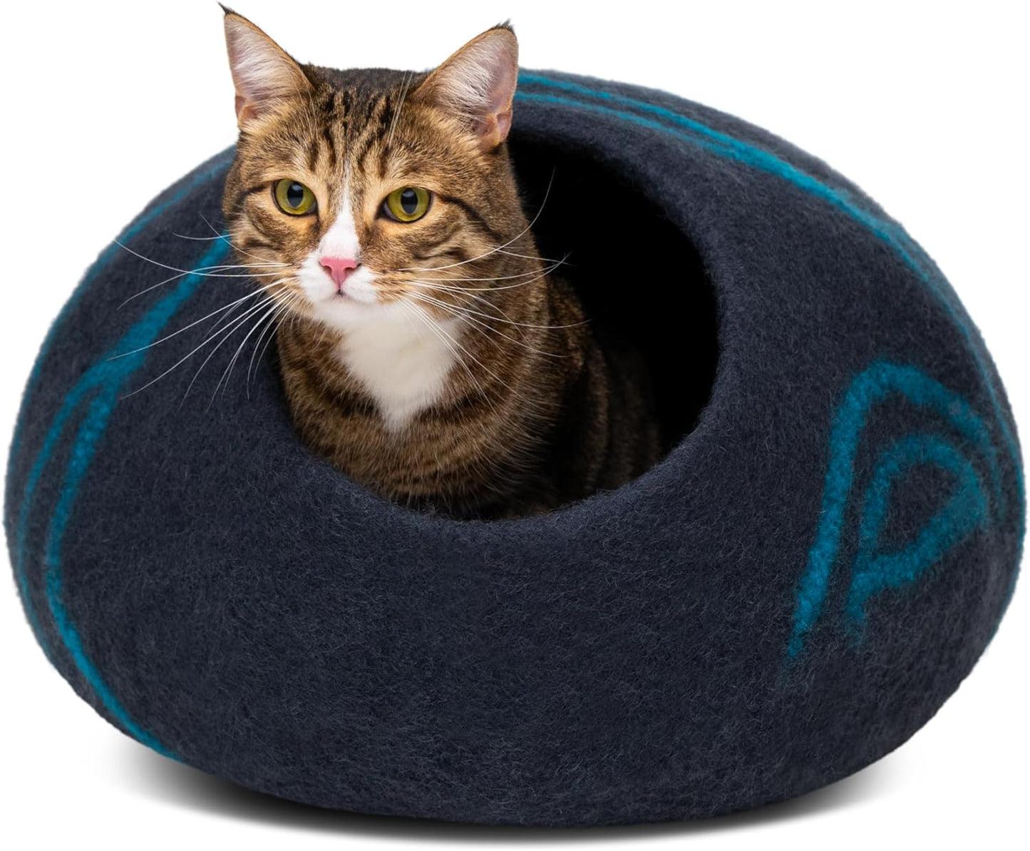 Cat Cave – Premium Felt Cat Bed for Indoor Cats, Handmade 100% Merino Wool (Dark Shades) (Large, Black Aqua)