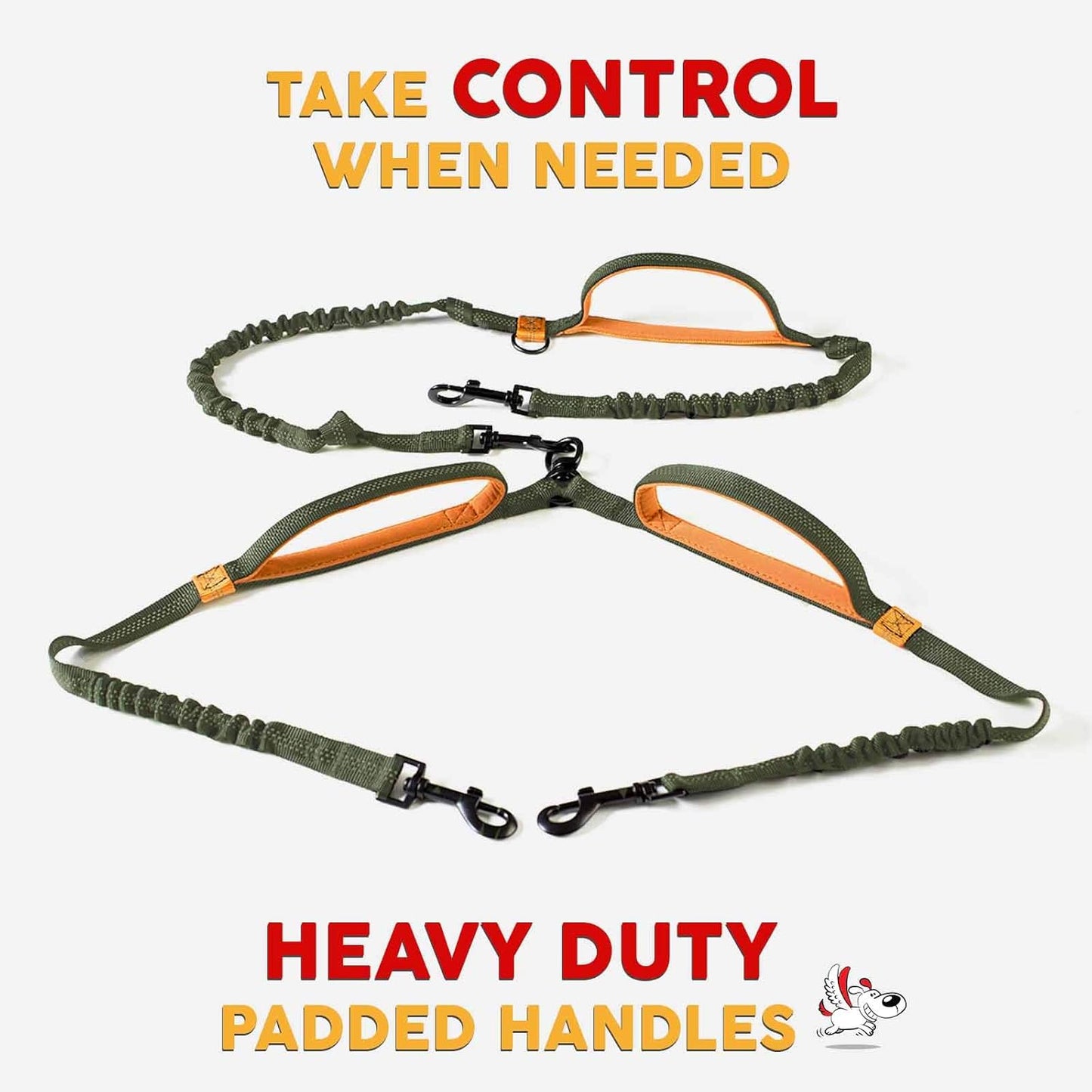 Hands Free Double Dog Leash for Medium Dogs - Dual Leash - No Tangle - Khaki & Orange