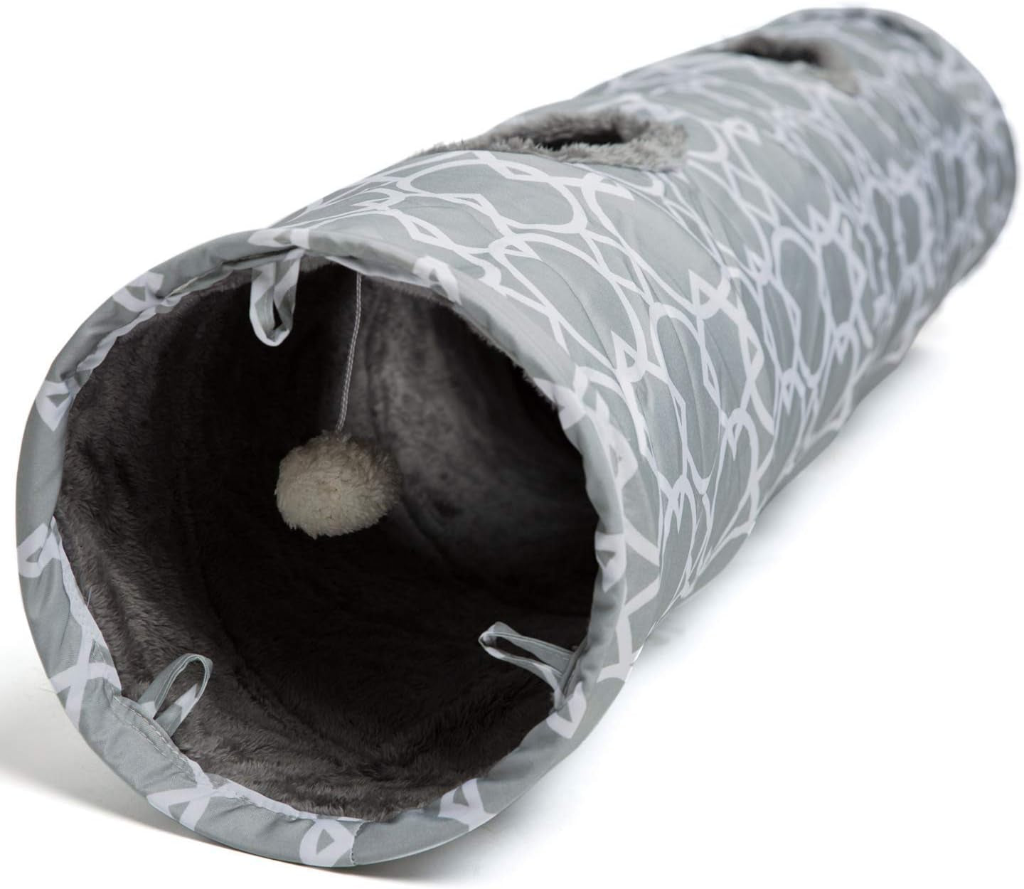 Geometric Straight Cat Tunnel with Plush Inside,Cats Toys Collapsible Tunnel Tube with Balls, for Rabbits, Kittens, Ferrets,Puppy, Diameter 9.8 Inch