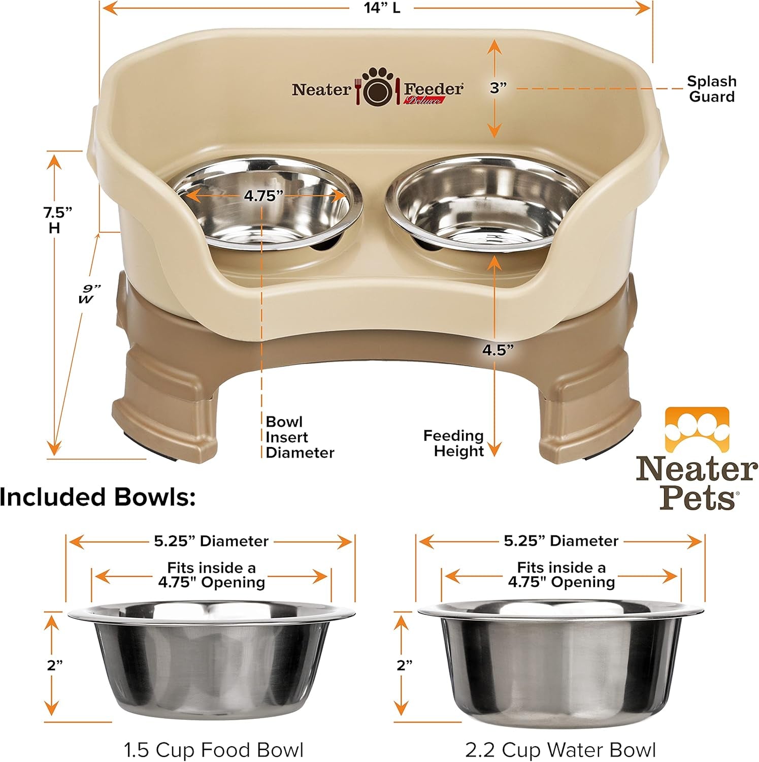 Neater Feeder Deluxe Mess Proof Dog Bowls Elevated for Small Breeds – Made in USA – No Spill Raised Dog Food Bowl Stand W/Leg Extensions – Stainless Steel Dog Food and Water Bowl Set – Beige