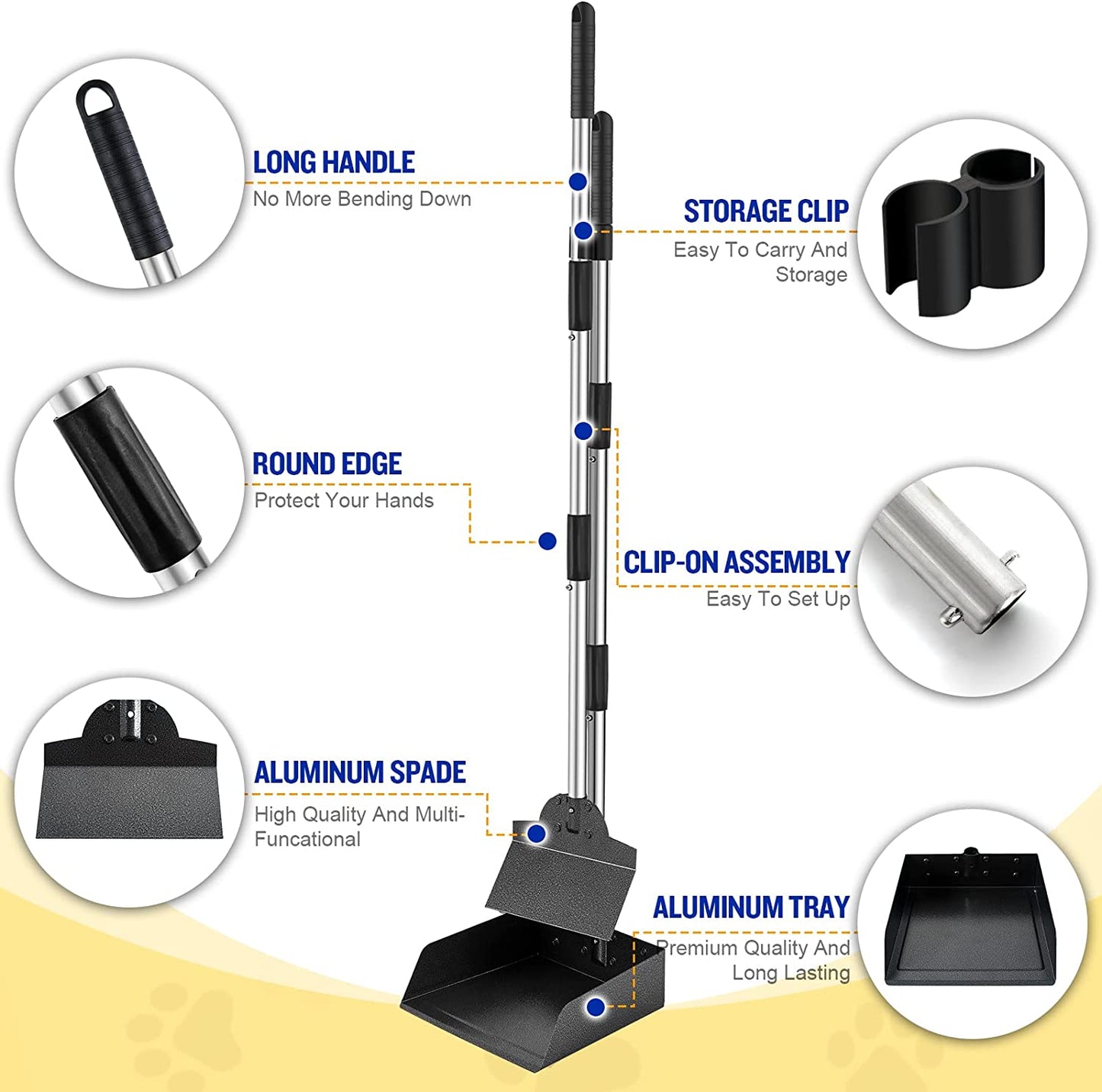 Pooper Scooper for Large Dogs, Adjustable Long Handle Metal Tray and Spade Poop Scooper for Dogs with Bin for Pet Waste Removal, No Bending Clean up Pooper Scooper for Medium and Large Dogs