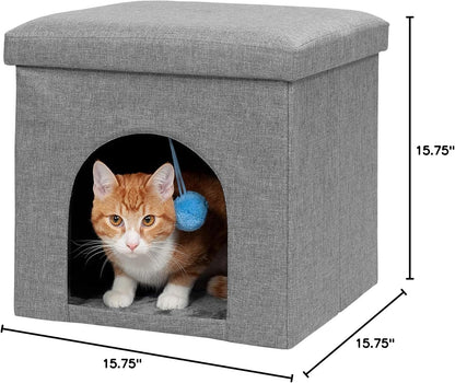 Pet House for Indoor Cats & Small Dogs, Collapsible & Foldable W/ Plush Ball Toy - Living Room Footstool Cat Condo - Stormy Gray, Small