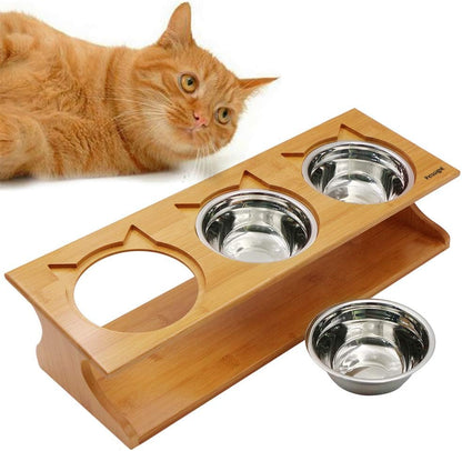 Cat Bowls Pet Dining Table with Raised Slope Wooden Stand Elevated Pet Bowls with Oblique Stand for Cats, Dogs, Kitten and Puppy (3 Bowls, Steel)