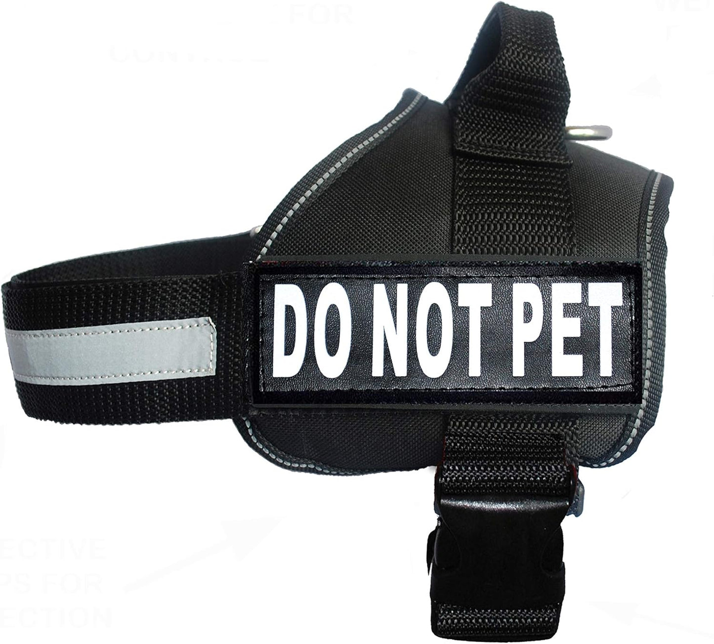 DO NOT PET Dog Vest Harness with Removable Patches and Reflective Trim. Comes with 2 DO NOT PET Reflective Removable Patches. Please Measure Dogs Girth before Purchase