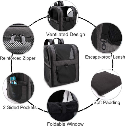 Pet Carrier Backpack for Large/Small Cats and Dogs, Puppies, Safety Features and Cushion Back Support for Travel, Hiking, Outdoor Use (Black)