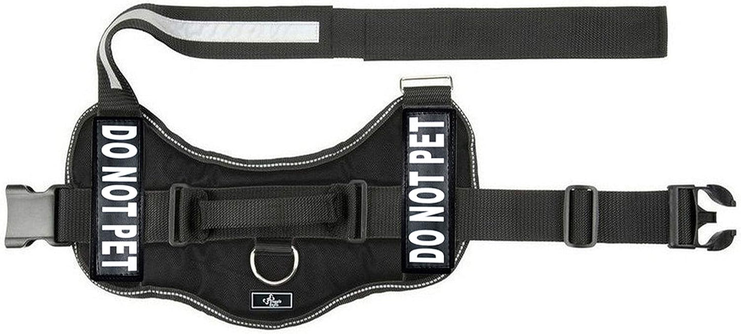 DO NOT PET Dog Vest Harness with Removable Patches and Reflective Trim. Comes with 2 DO NOT PET Reflective Removable Patches. Please Measure Dogs Girth before Purchase