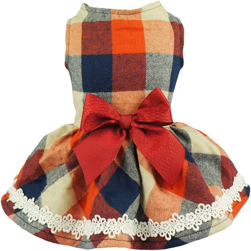 Christmas Elegant Lace Plaid Dog Dress for Pet Clothes Shirts Apparel, XS