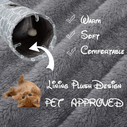 Geometric Straight Cat Tunnel with Plush Inside,Cats Toys Collapsible Tunnel Tube with Balls, for Rabbits, Kittens, Ferrets,Puppy, Diameter 9.8 Inch