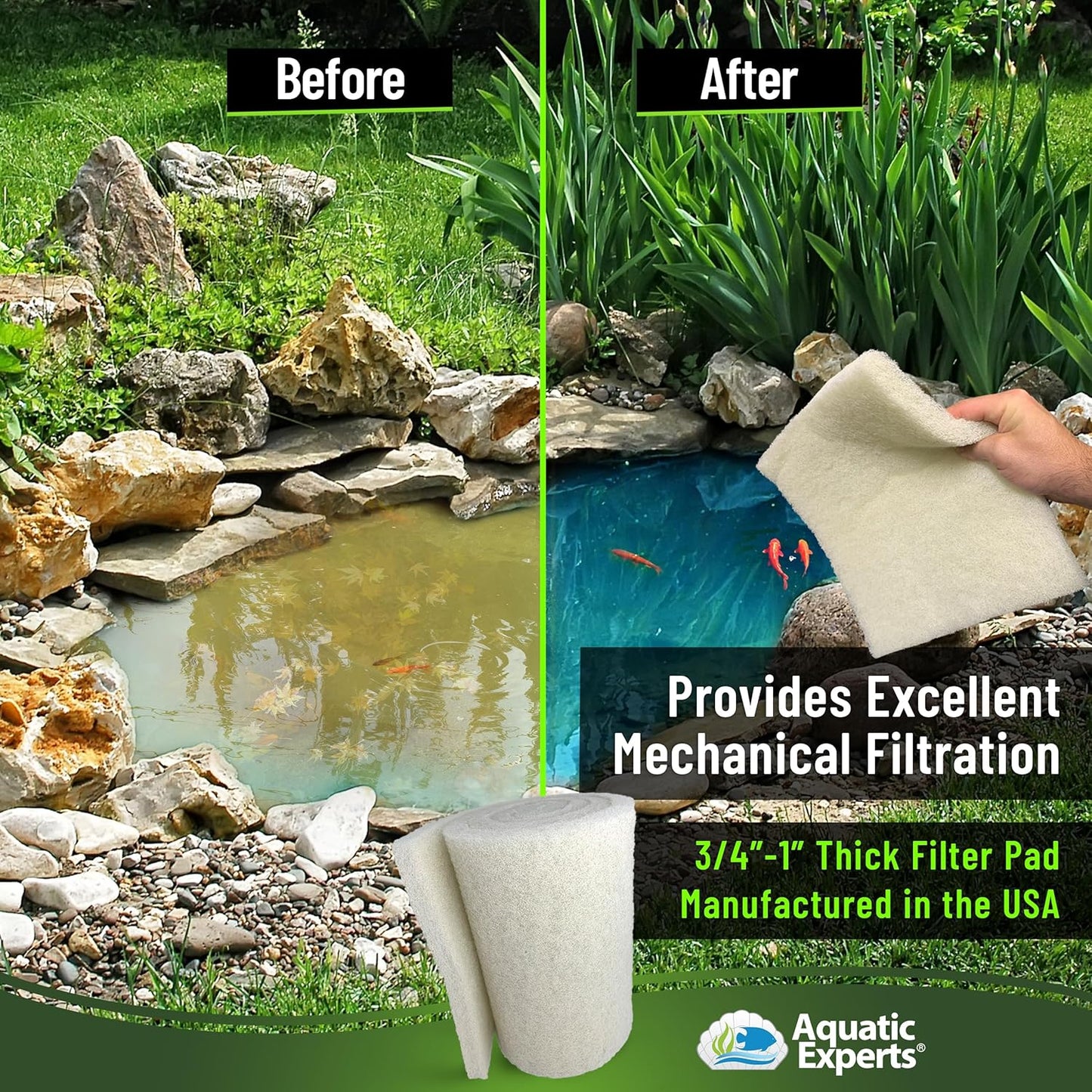 Classic Koi Pond Filter Pad FINE - White Bulk Roll Pond Filter Media, Ultra-Durable Pond Filters for Outdoor Ponds, Reusable Fish Pond Filter Material, USA,  (3/4" - 1" X 12" X 72")