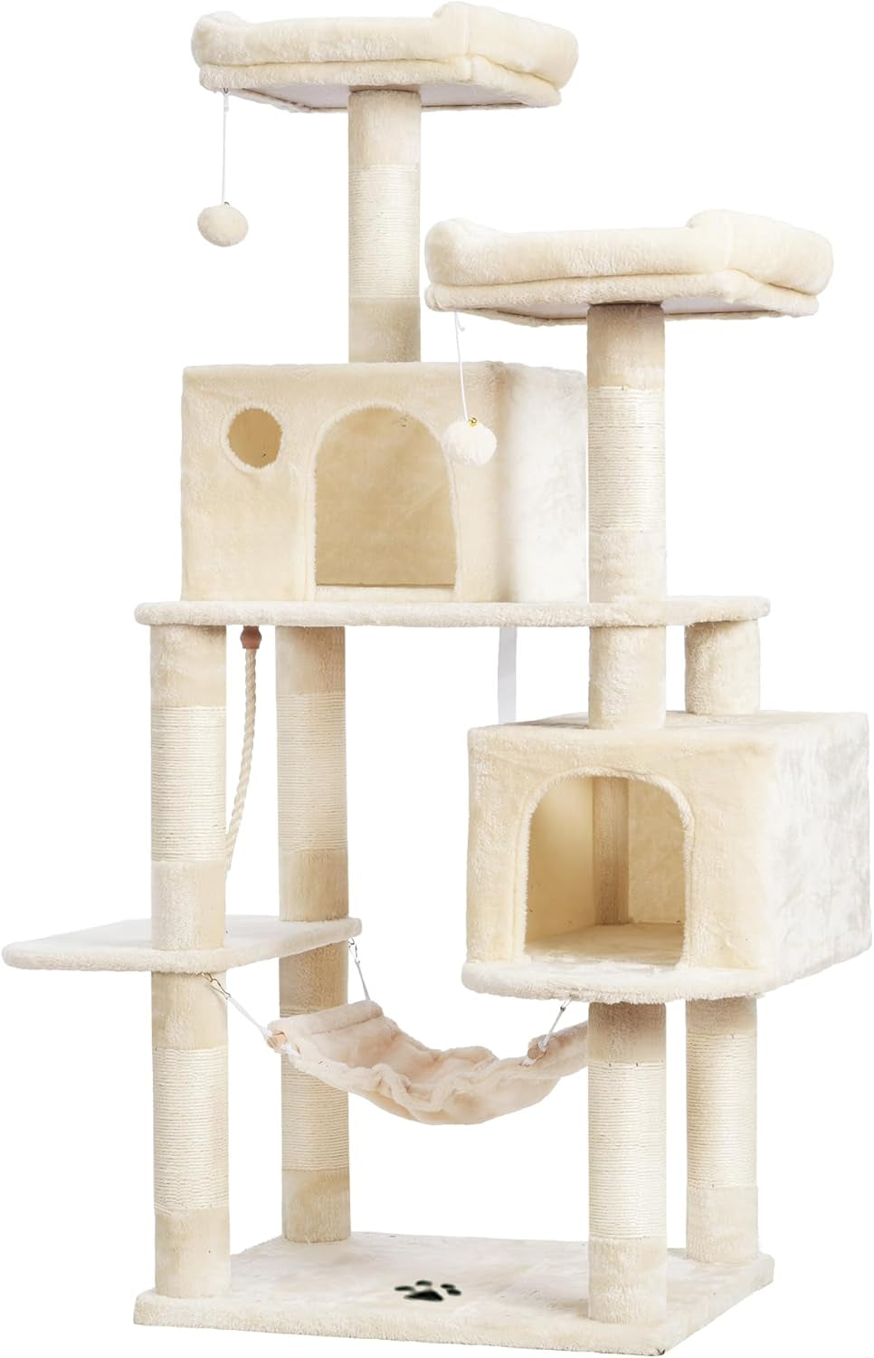 Large Multi-Level Cat Tree Condo Furniture with Sisal-Covered Scratching Posts, 2 Bigger Plush Condos, Perch Hammock for Kittens, Cats and Pets Beige MPJ020M