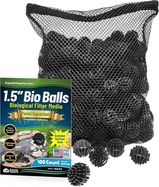 Bio Balls Filter Media Bulk, 1.5 Inch Large Bio Balls for Pond & Aquarium Filters, Pond Filter Media for Outdoor Ponds, (100 Count with 10" X 12" Mesh Bag, 1.5 Inch)