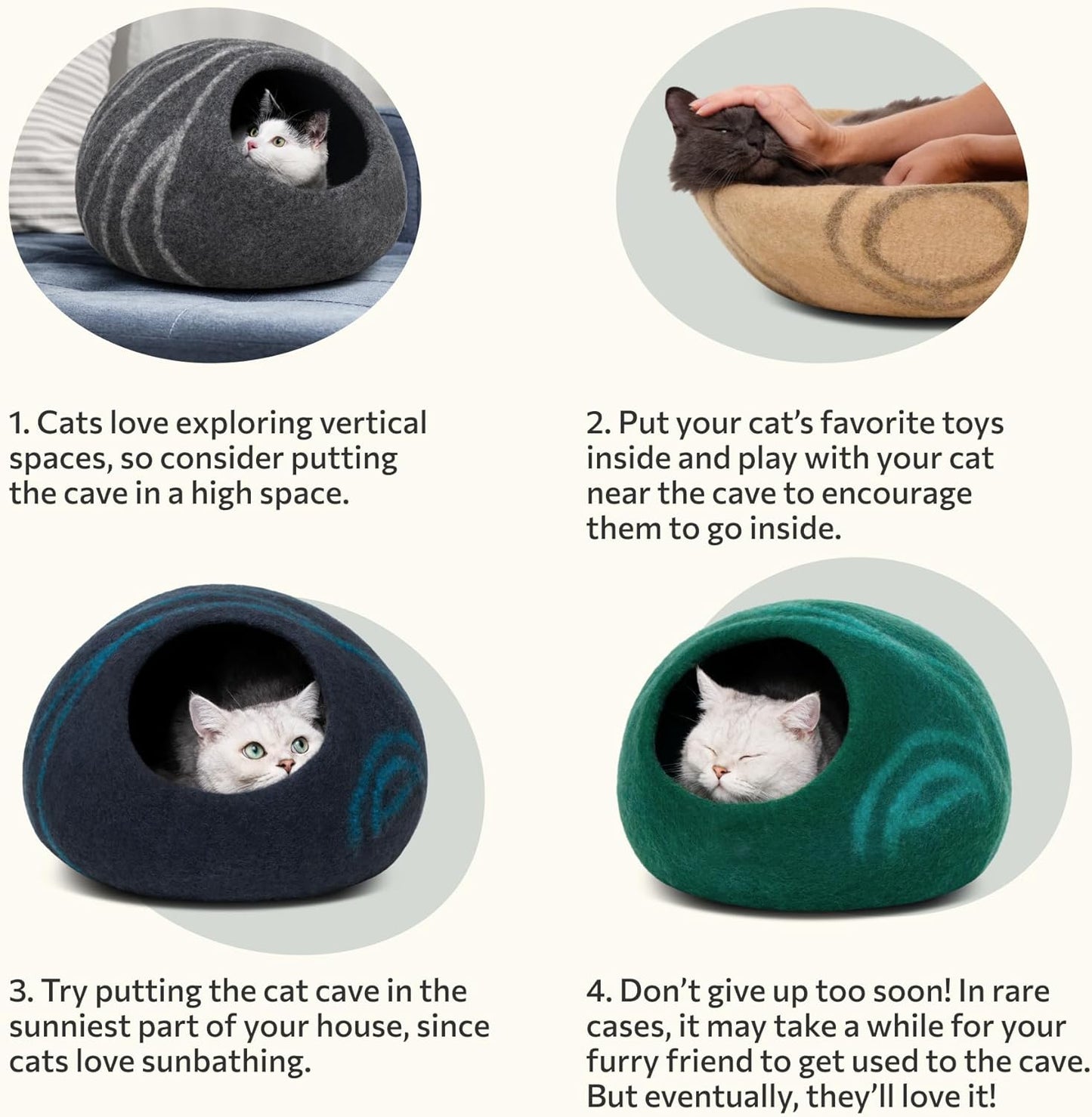 Cat Cave – Premium Felt Cat Bed for Indoor Cats, Handmade 100% Merino Wool (Dark Shades) (Large, Black Aqua)