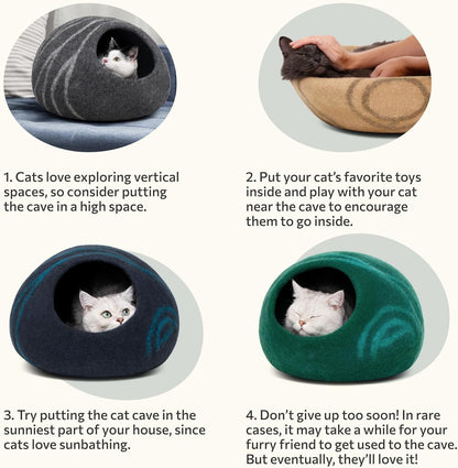 Cat Cave – Premium Felt Cat Bed for Indoor Cats, Handmade 100% Merino Wool (Dark Shades) (Large, Black Aqua)