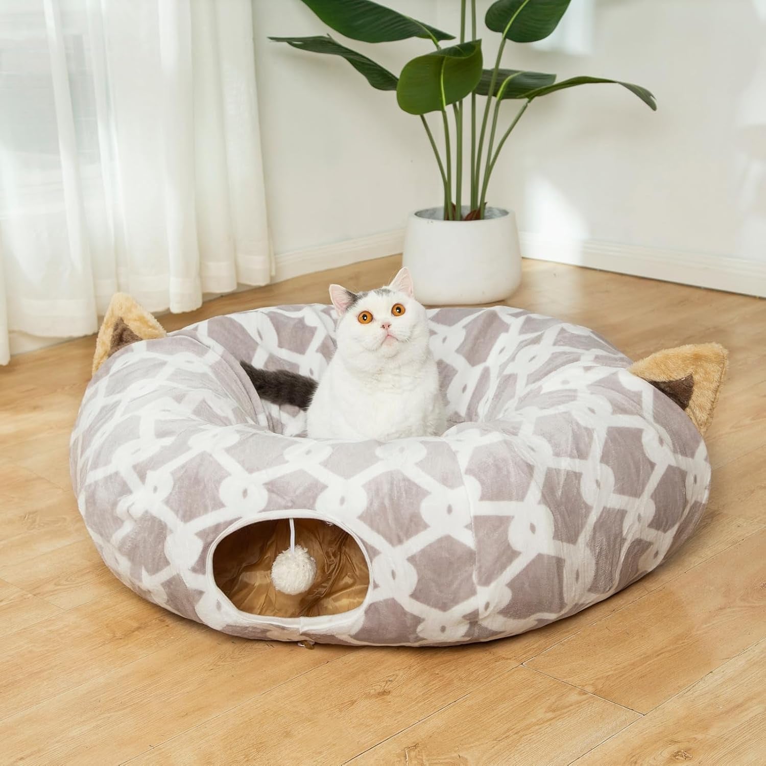 Large Cat Tunnel Bed with Plush Cover,Fluffy Toy Balls, Small Cushion and Flexible Design- 10 Inch Diameter, 3 Ft Length- Great for Cats, and Small Dogs, Gray Geometric Figure