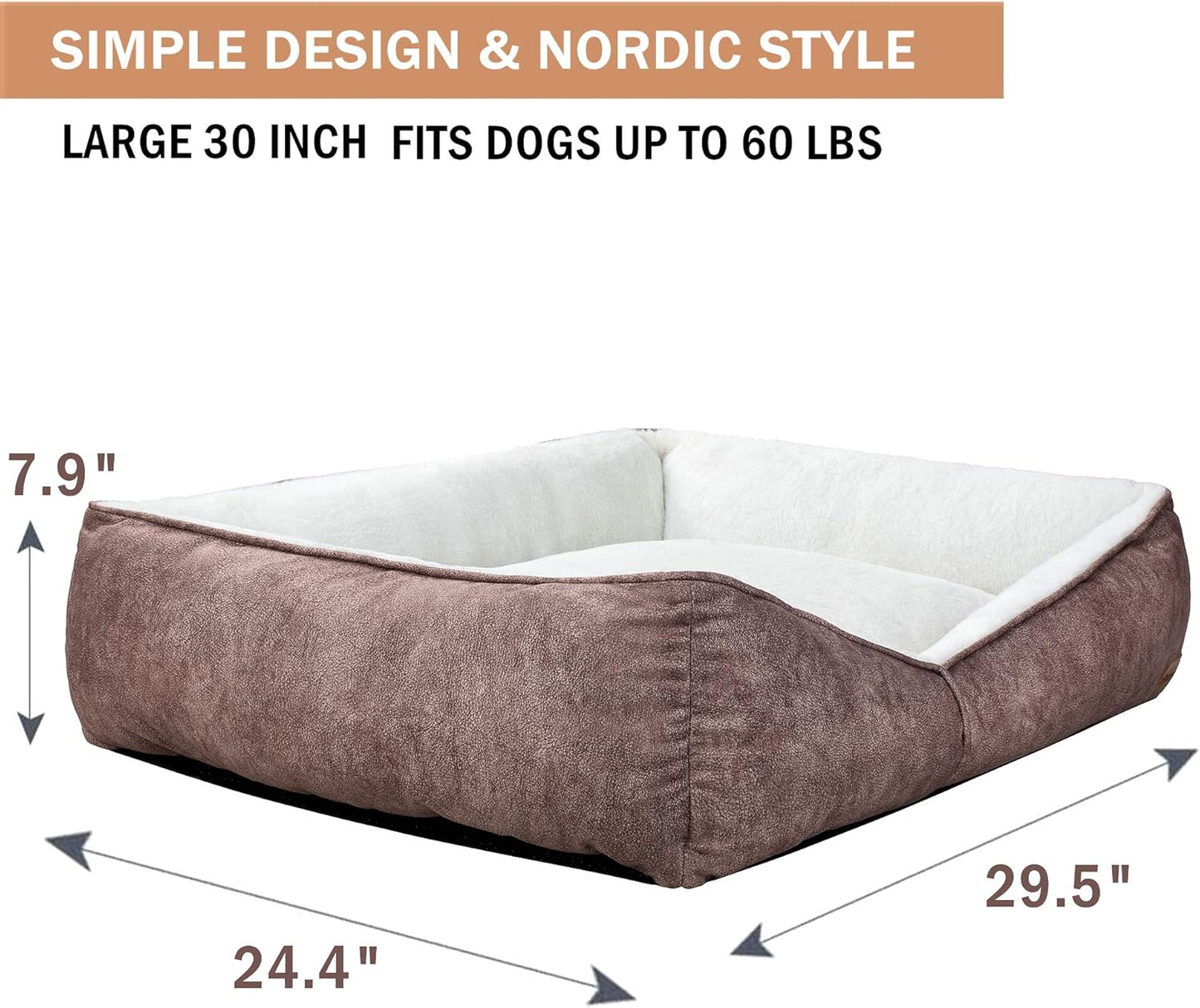 Rectangle Washable Dog Bed,Warming Comfortable Square Pet Bed Simple Design Style,Durable Dog Crate Bed for Medium Large Dogs (30 INCH, Brown)