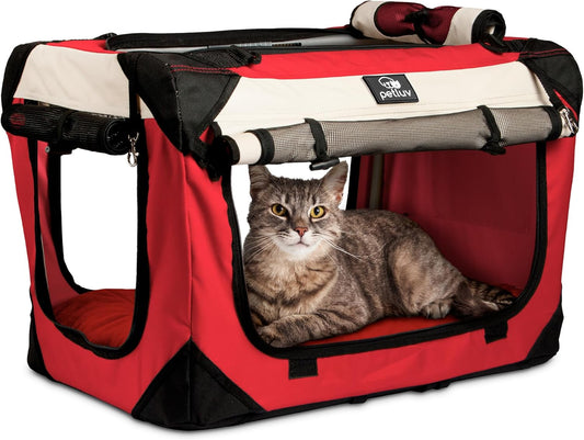 Large Cat & Dog Carrier for 2 Cats or Medium Dogs, Soft-Sided, Collapsible with Locking Zippers, Portable Travel Bag with Soft Bed, Red