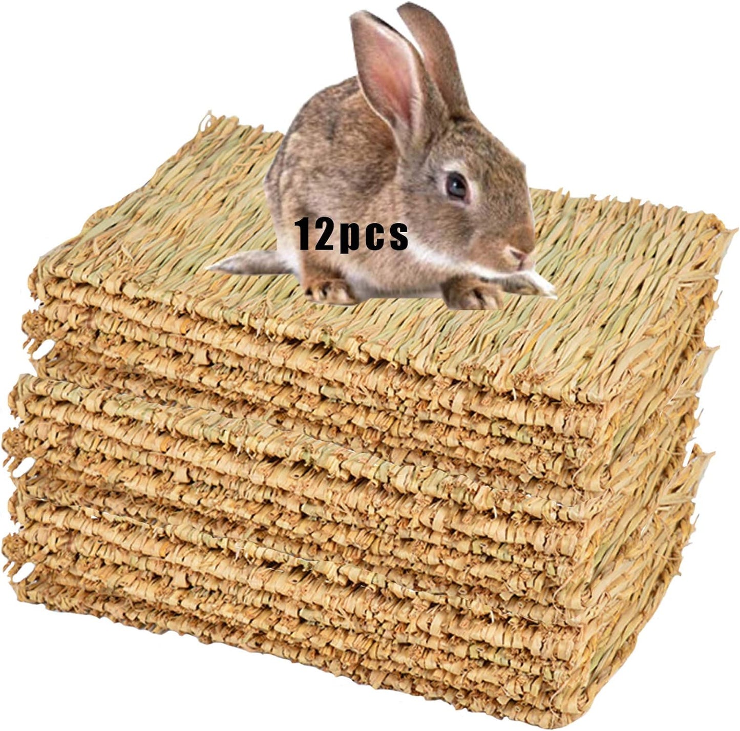 Grass Mat for Rabbit Bunny Chew Toys Woven Bed Mat for Guinea Pig Chinchilla Squirrel Hamster Cat Dog and Small Animal (12 PCS Grass Mat)