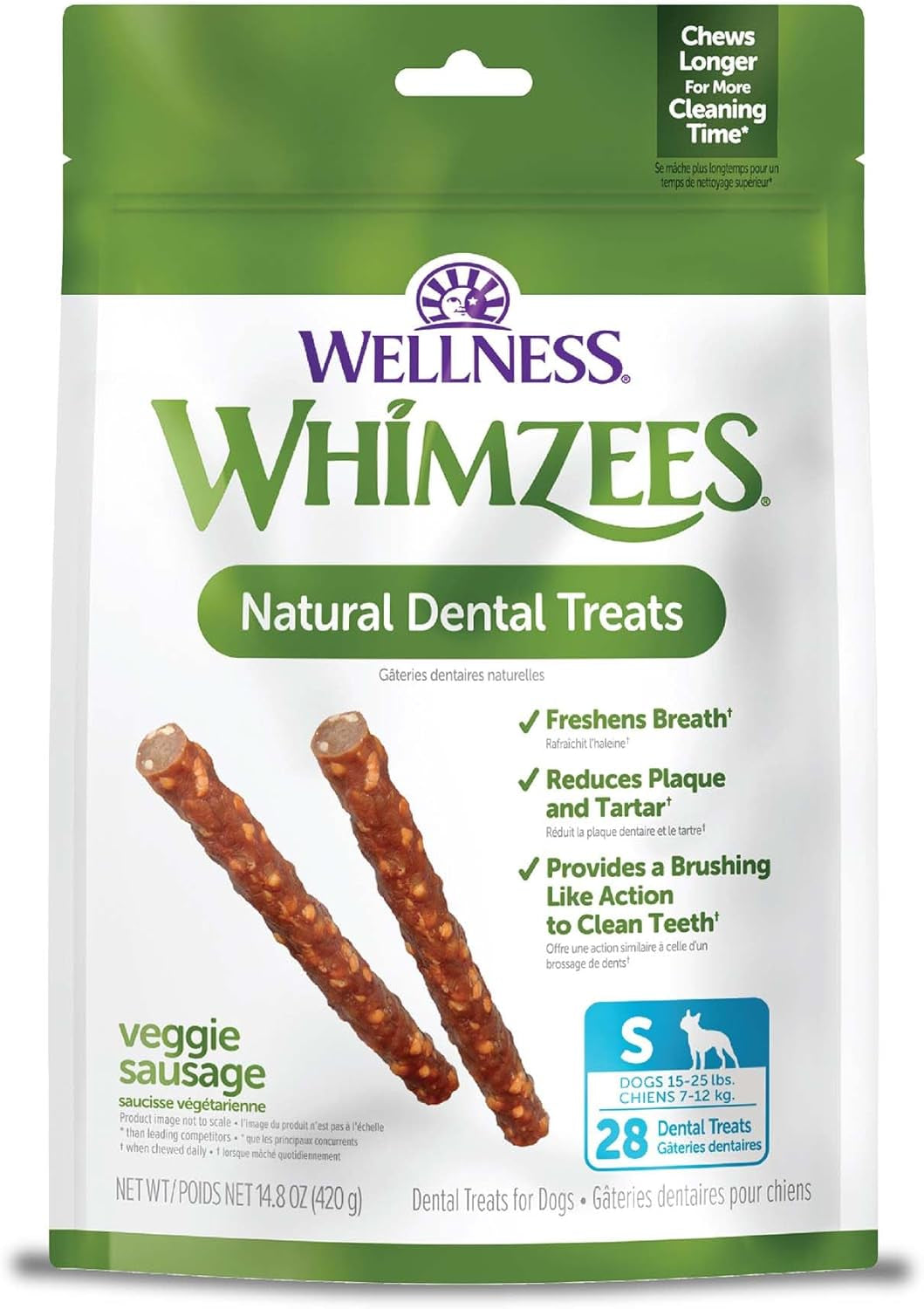 Wellness  Veggie Sausage Dog Dental Treats, Natural Chews, Small Size Stick, (28 Count)