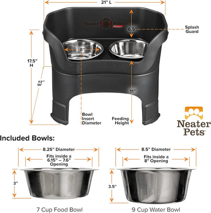 Neater Feeder Deluxe Mess Proof Dog Bowls Elevated for Large Dogs – Made in USA – No Spill Raised Dog Food Bowl Stand W/Leg Extensions – Stainless Steel Dog Food and Water Bowl Set – Black