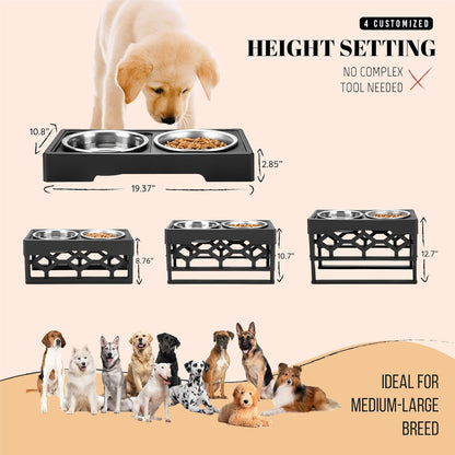 Large Dog Bowls Elevated, 4 Height Adjustable Raised Dog Bowl Stand with 2 Stainless Steel Food and Water Bowls Set, Tall Dogs Feeding Station with Anti-Slip Base for Medium Large Breeds Dogs